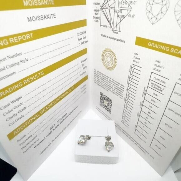 Moissanite Heart Cut Stud Earrings 925 Silver GRA - Picture 5 of 5